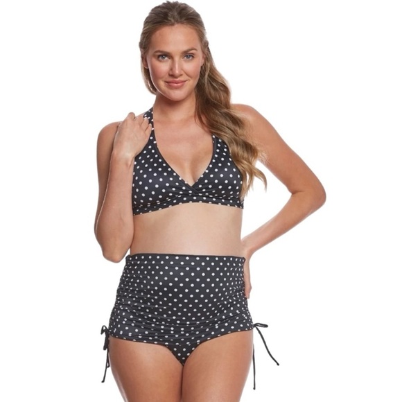Prego NWT Black Polka Dot Ruched Bikini Set Maternity Swimsuit Women’s Medium - Picture 2 of 12